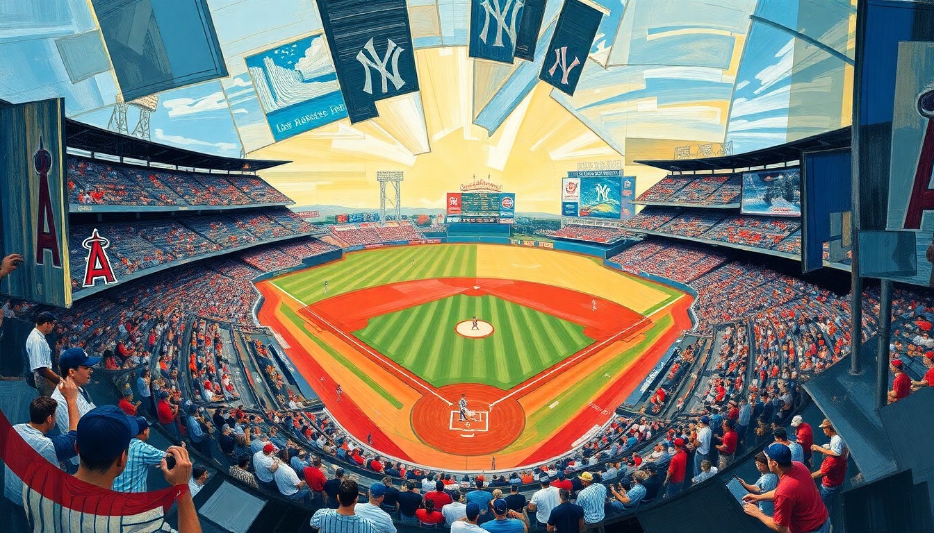 A fractured, multi-perspective painting depicting a baseball game between the Los Angeles Angels and New York Yankees, with the players and field broken down into sharp, overlapping geometric shapes and planes, creating a dynamic and visually striking conceptual illustration.