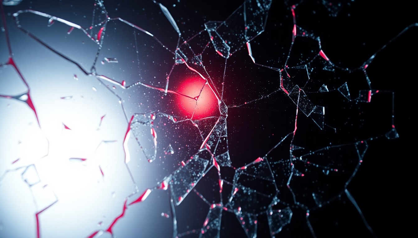 An extreme close-up photograph of shattered glass reflecting a faint red light, creating an abstract, high-contrast texture that evokes a sense of unease and foreboding.