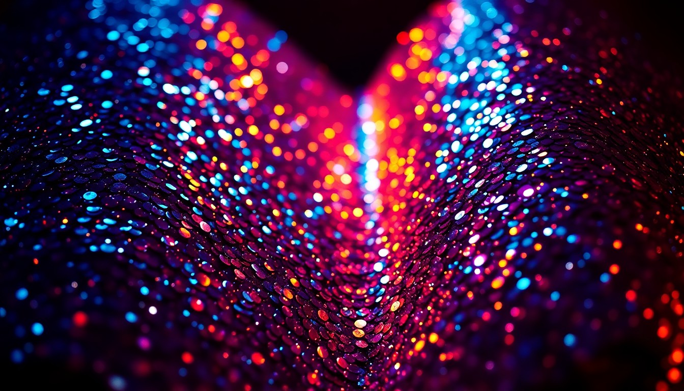 An abstract close-up photograph of shimmering, glittering textures in dramatic high-contrast lighting, conceptually representing the vibrant atmosphere of a music festival.