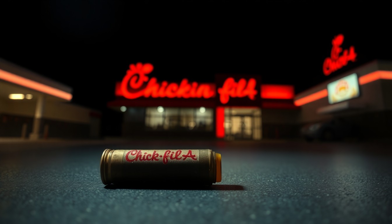 An extreme close-up photograph of a spent shell casing on the floor, its metallic surface reflecting the harsh light of the camera flash, conveying the sudden and violent nature of the crime.