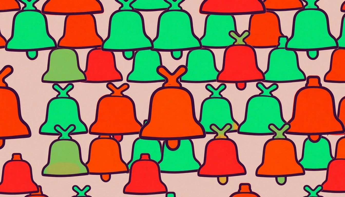 A brightly colored, high-contrast silkscreen print of a school bell icon repeated in a tight grid pattern, using flat, unnatural neon colors and heavy black outlines to transform an everyday school symbol into modern pop art.