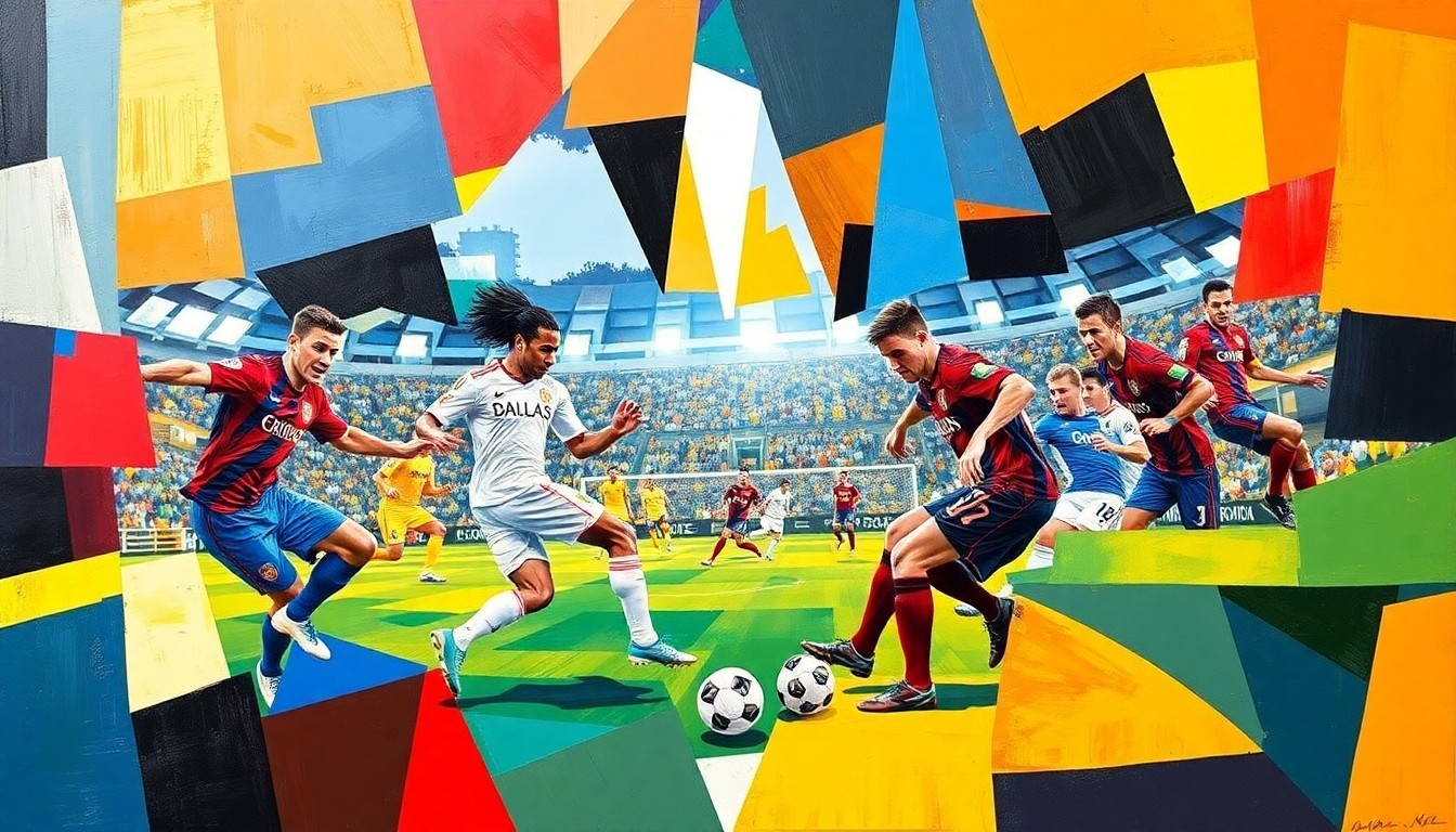 A fragmented, geometric painting depicting the dynamic movements and clashing of players from both teams as they compete for the ball on the soccer field.