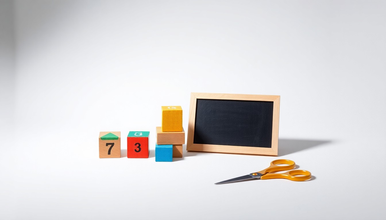 A photorealistic studio still-life featuring colorful wooden building blocks, a small chalkboard, and safety scissors arranged elegantly on a clean, white background, conceptually representing a childcare facility's transition to facility ownership.