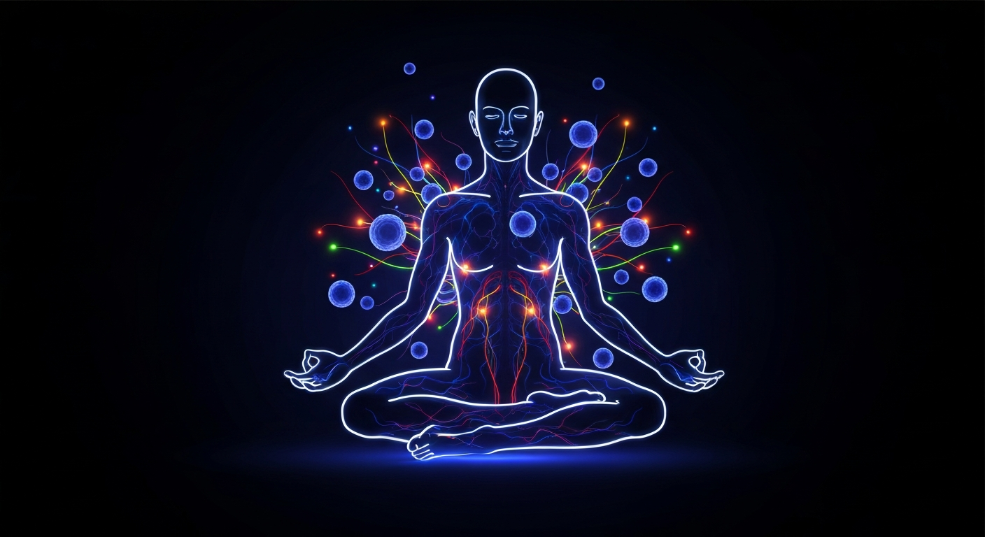 A minimalist, neon-outlined figure in a meditative pose, surrounded by pulsing, vibrant lines that conceptually represent the flow of energy and immune cells activated by sauna use.