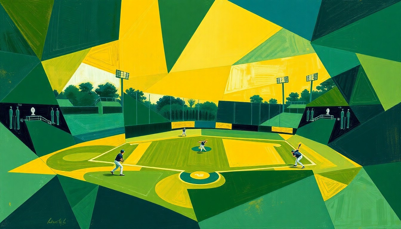 A fragmented, abstract painting depicting a softball game broken down into sharp, overlapping planes of green, blue, and yellow, conveying the energy and passion of the sport.