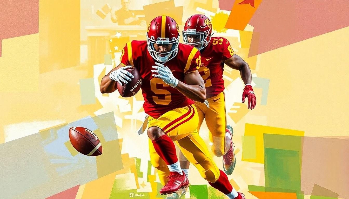 A cubist-style painting depicting a USC cornerback making a play on the ball, with the player's body fractured into sharp, overlapping geometric planes in vibrant shades of cardinal and gold.