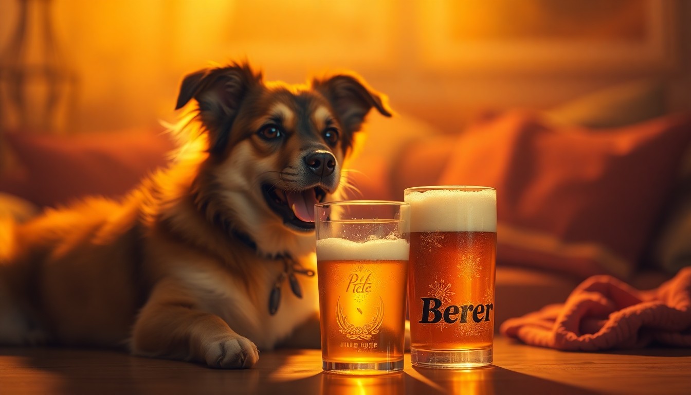 An abstract, impressionistic photograph in soft, blurred focus showing the silhouette of a dog's head next to a glass of beer, conveying the intimate, cozy atmosphere of the 'Paws & Pints' photo contest.