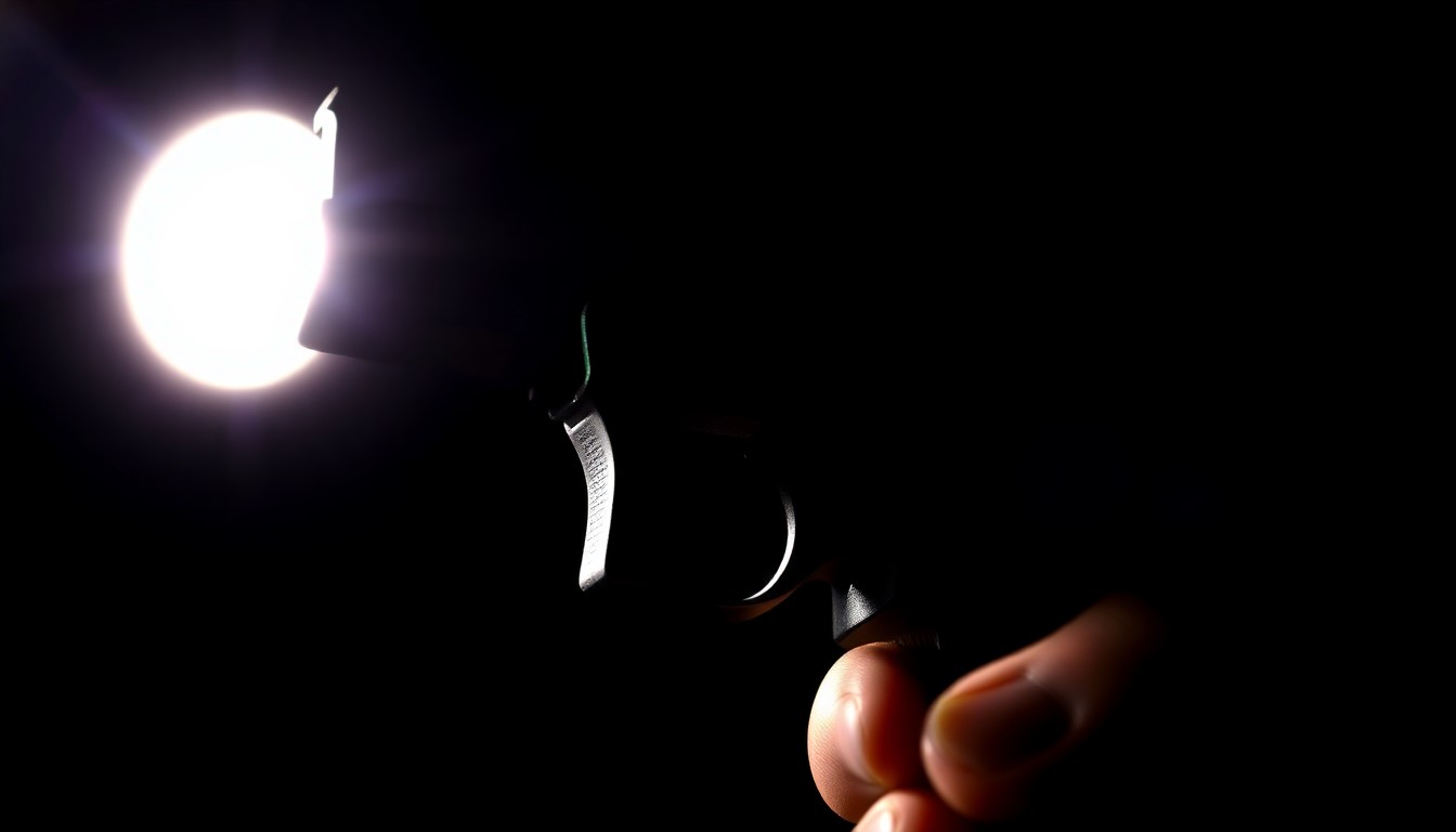 An extreme close-up photograph of a handgun trigger, captured in stark contrast against a black background using harsh direct flash lighting, conceptually representing the removal of firearms from the community.