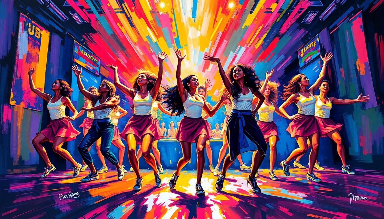 An abstract, energetic painting featuring bold, sweeping brushstrokes in neon shades of pink, yellow, and blue, capturing the dynamic movements and vibrant spirit of a college dance team performance.