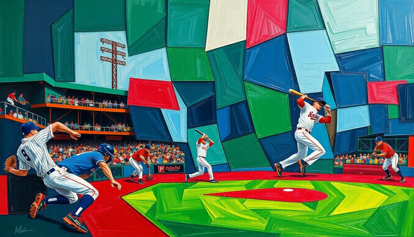 A fractured, multi-perspective painting in the style of Pablo Picasso, breaking down a baseball game or players' movements into sharp, overlapping geometric planes of vibrant navy blue, forest green, and crimson red.