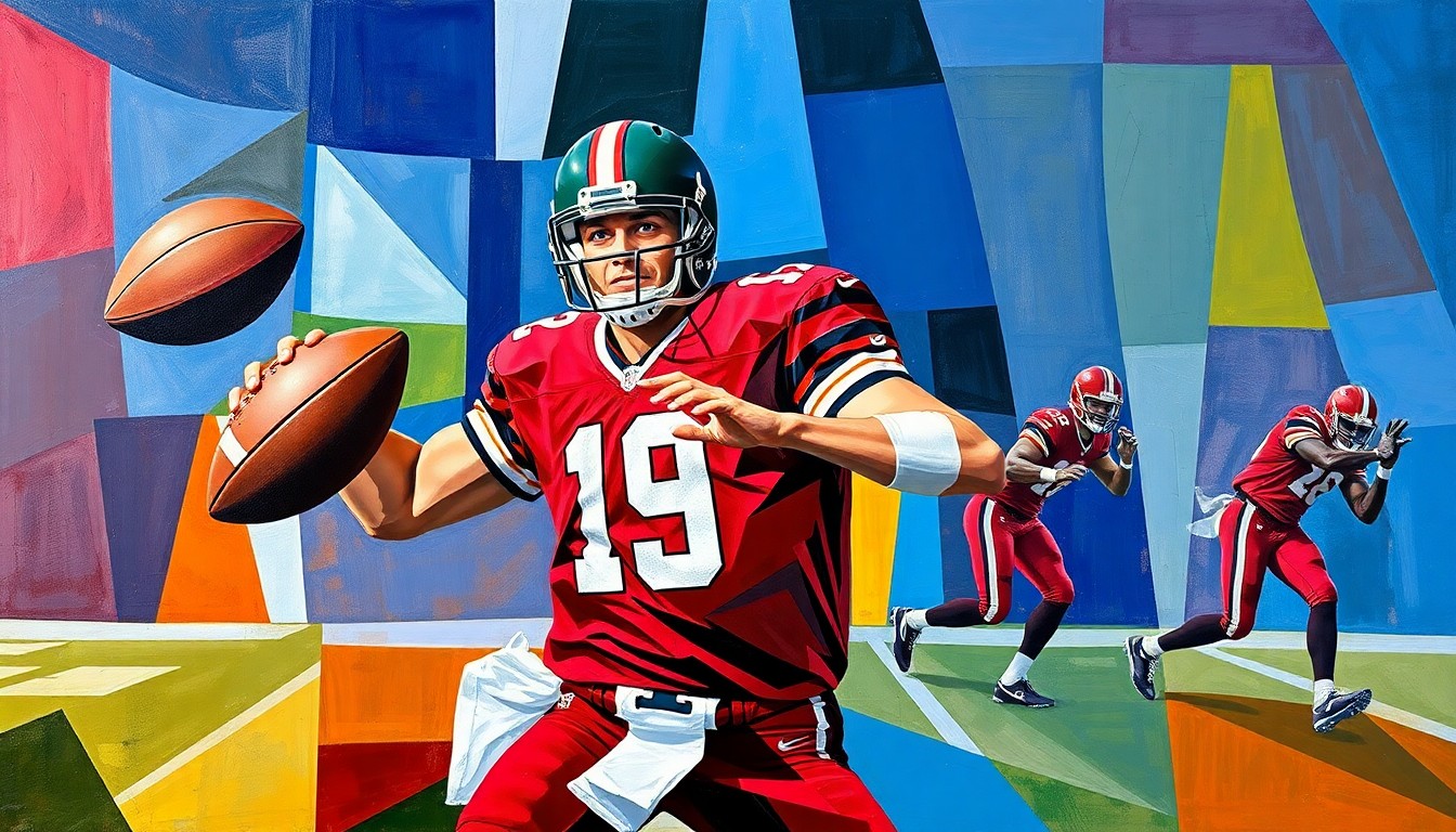 A fragmented, geometric painting depicting the fluid motions of a quarterback in action, with sharp planes of color and overlapping perspectives capturing the multifaceted nature of the position.