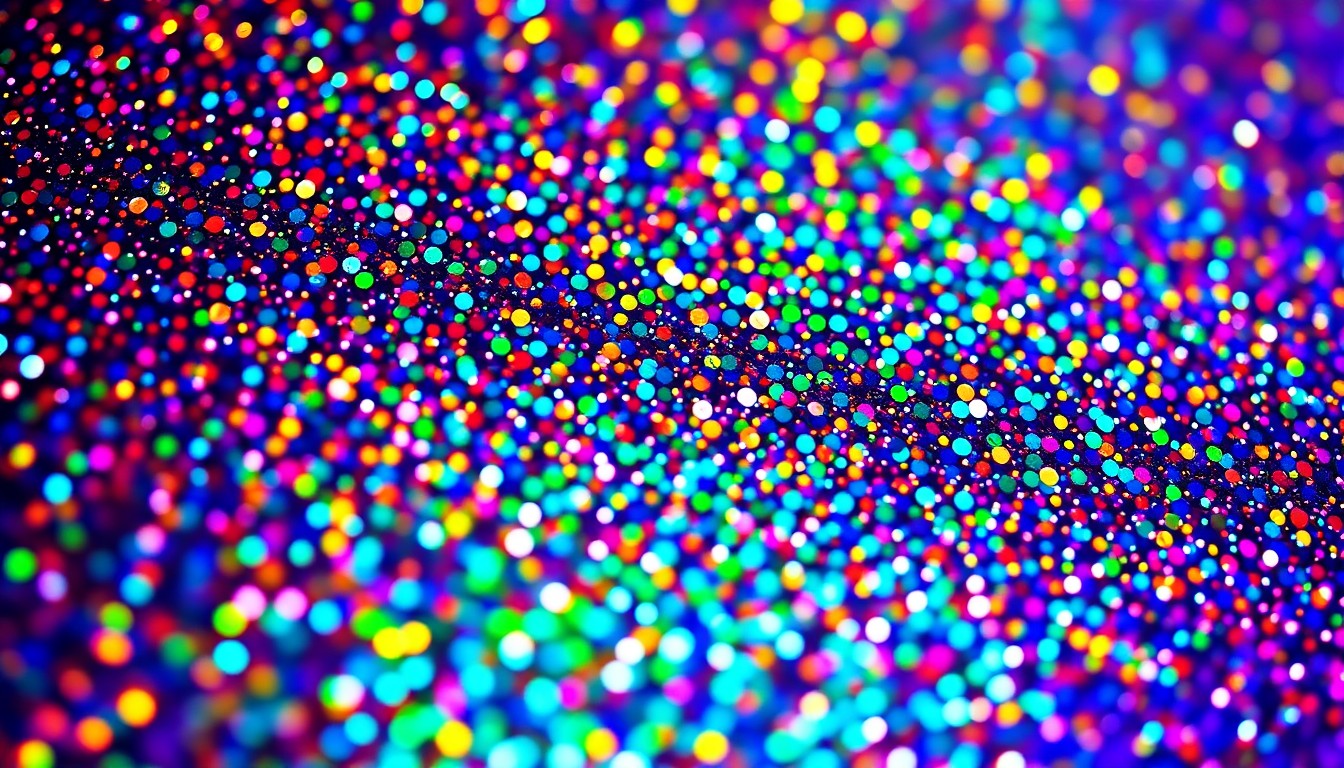 An abstract close-up photograph of shimmering, multicolored sequins, capturing the high-energy, glamorous atmosphere of a BTS concert.