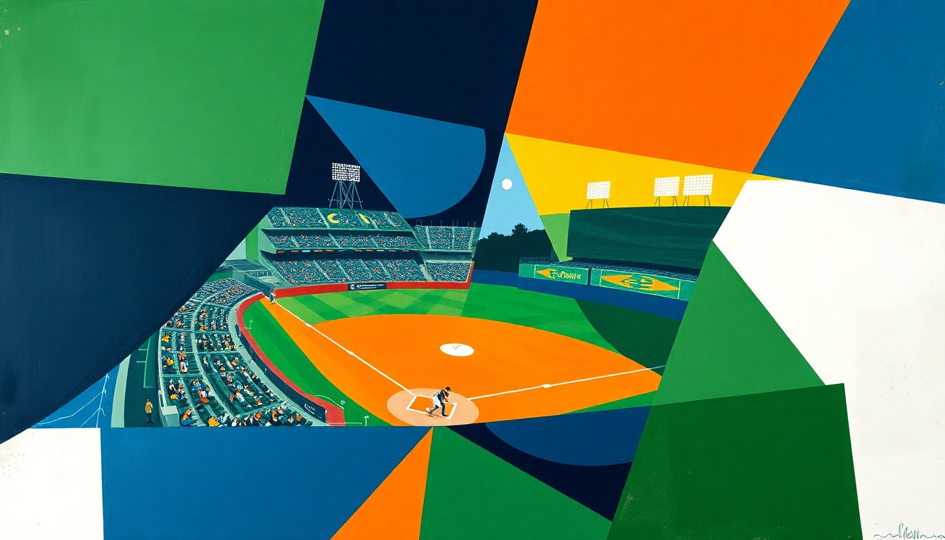 A fragmented, geometric painting depicting a baseball game in progress, with sharp, overlapping shapes and planes in a palette of navy, green, and orange, conveying the dynamic tension of the early innings.