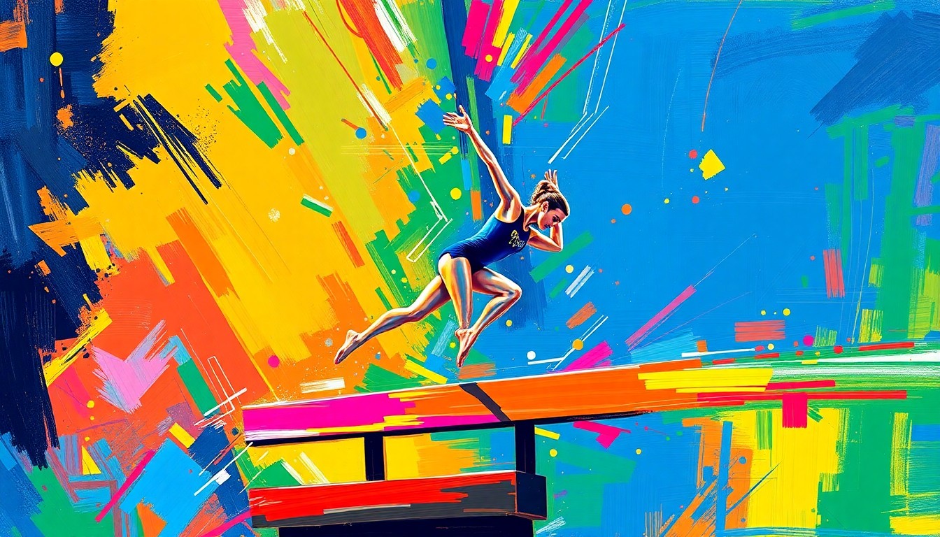 An extreme close-up of a gymnast performing a dynamic routine on the balance beam, with vibrant neon-colored brushstrokes capturing the raw energy and motion of the performance.