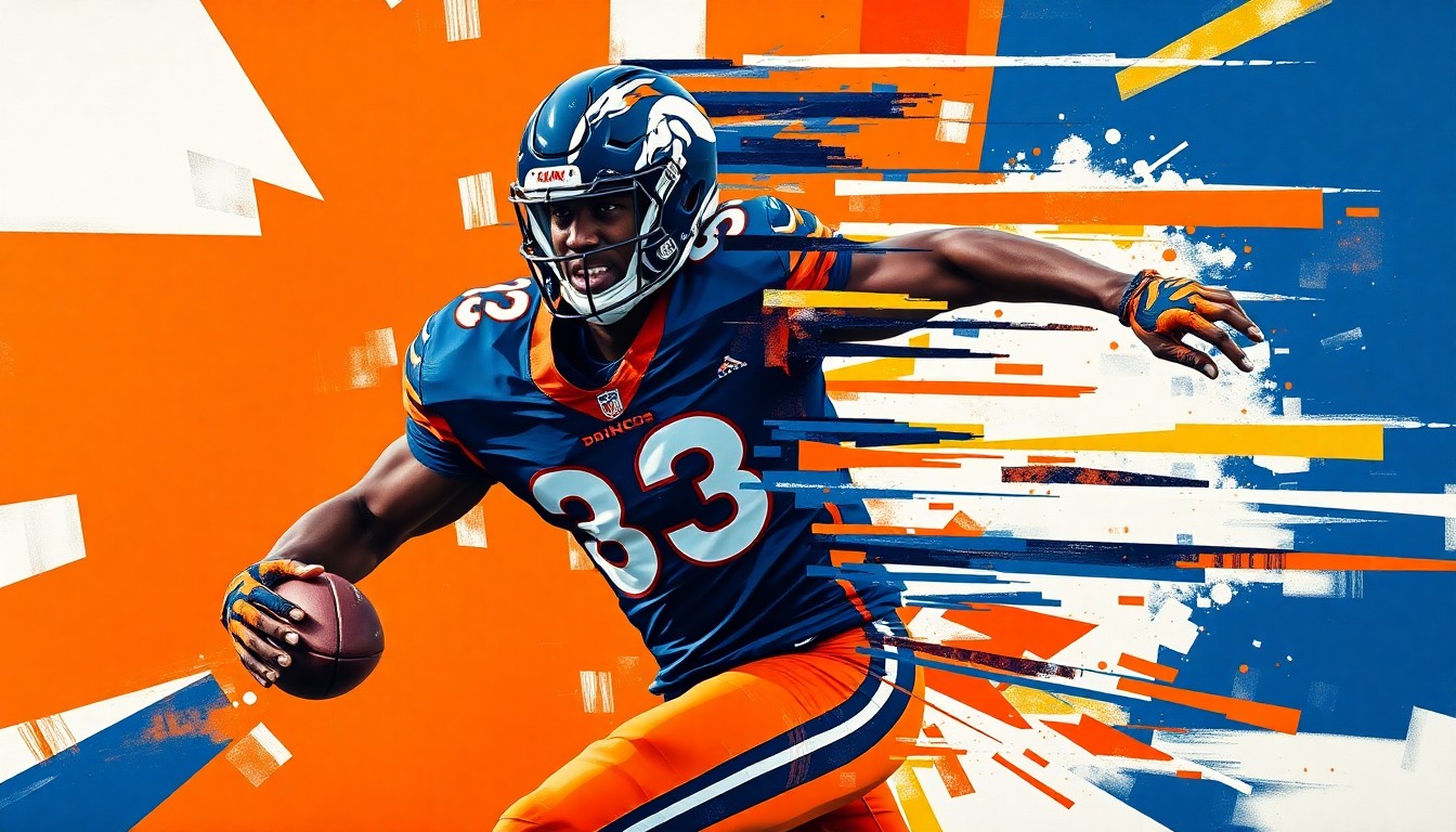 A fractured, cubist-style painting depicting Jaylen Waddle's explosive speed and athleticism through sharp, overlapping geometric shapes in the Broncos' colors of orange, blue, and white.