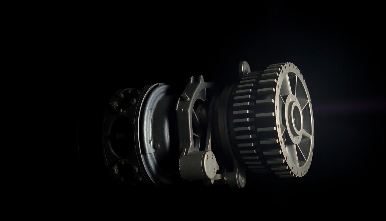 An extreme close-up of a damaged industrial motor and gearbox assembly, lit by a harsh, direct camera flash against a pitch-black background, conceptually illustrating the investigation into a fatal workplace accident.