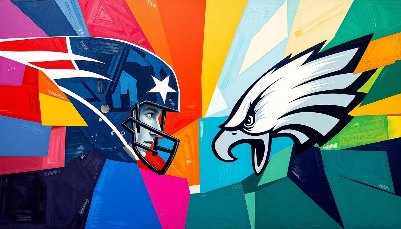 A fragmented, geometric painting in the style of Pablo Picasso, using the official colors of the New England Patriots and Philadelphia Eagles to depict a football game or match between the two teams, with the players and field broken down into sharp, overlapping planes of color.