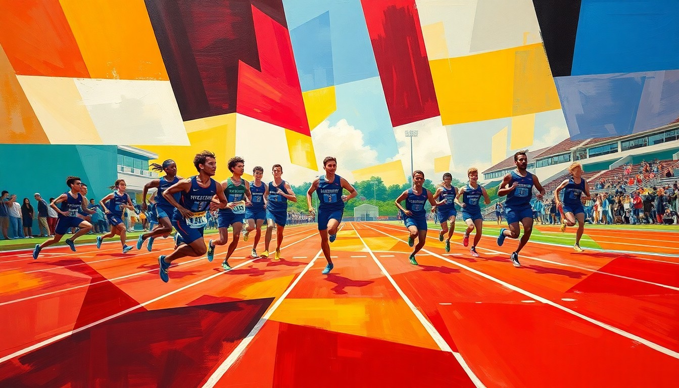 A cubist-style painting depicting a fragmented, multi-angled view of a track and field competition, with the vibrant colors of the Father McGivney team uniforms and equipment as the central focus.