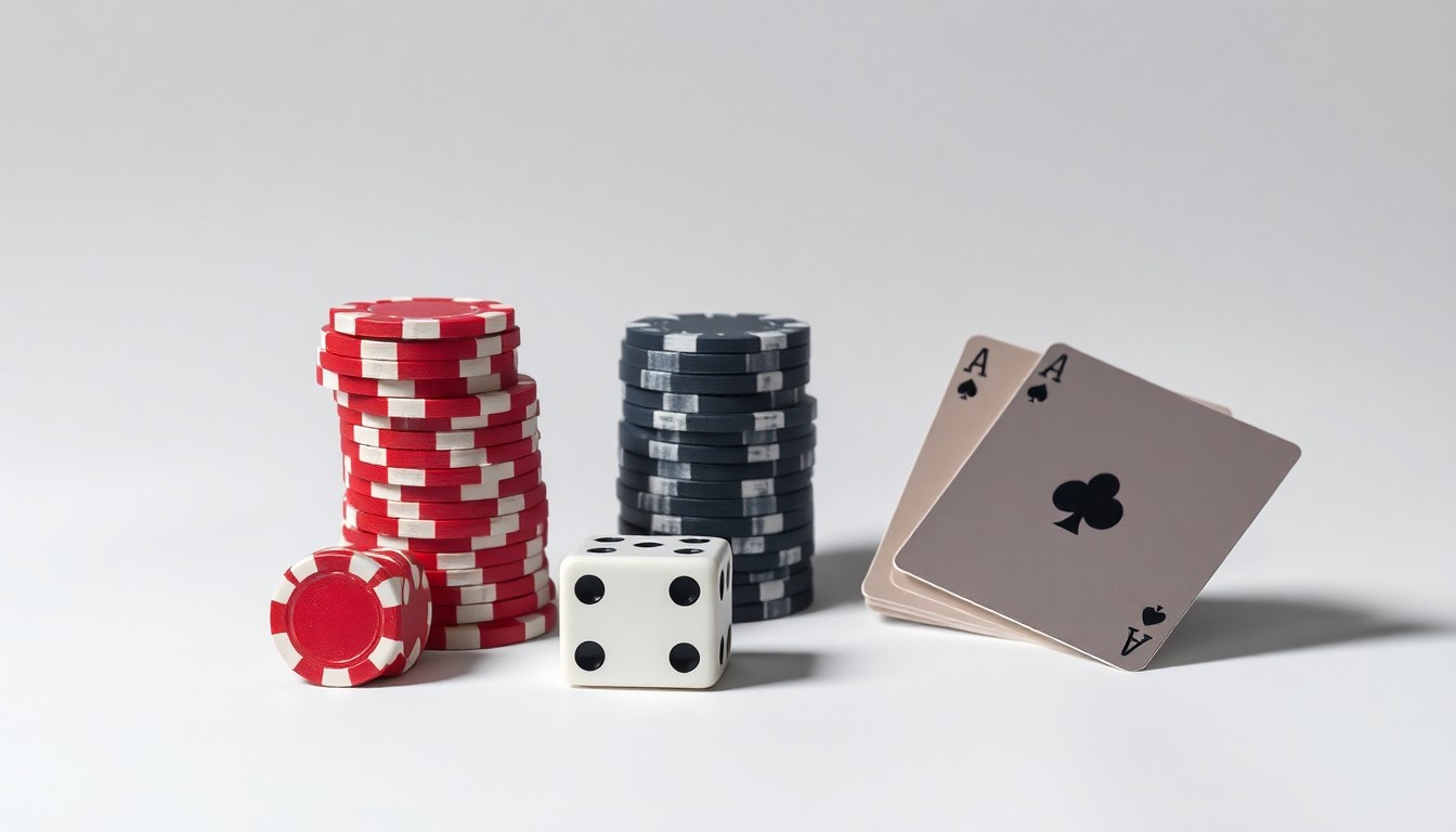 A high-end, photorealistic studio still-life photograph featuring a stack of casino chips, a pair of dice, and a single playing card arranged elegantly on a clean, monochromatic seamless background, symbolizing the abstract concepts of finance, risk, and markets in the casino industry.