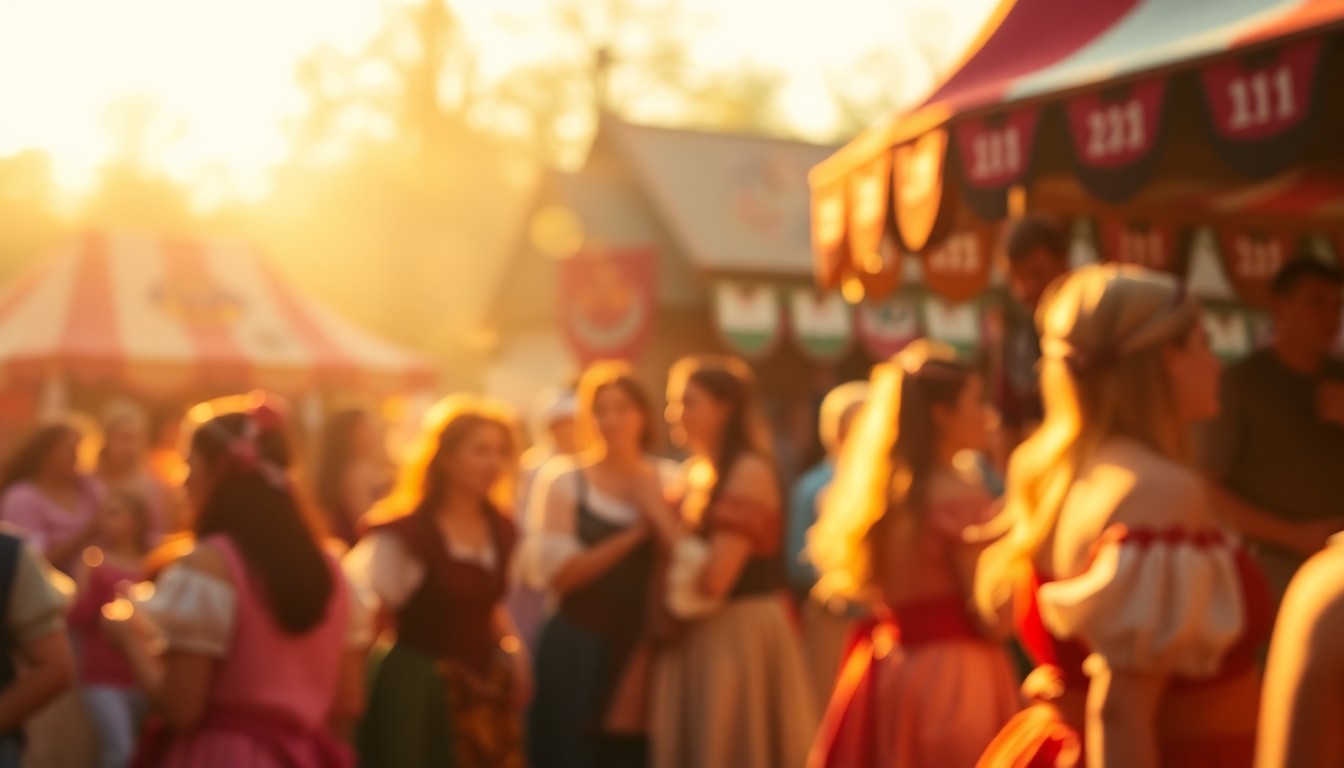 An abstract, impressionistic photograph of a Renaissance Faire scene, with blurred figures, colorful costumes, and a warm, glowing atmosphere, conveying the festive and whimsical nature of the event.