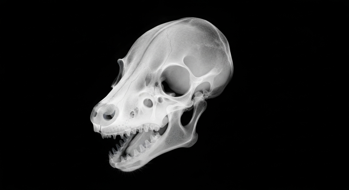 An ethereal, ghostly X-ray image revealing the intricate bone and tooth structure of a raccoon's skull, conveying the serious public health concerns around the spread of rabies in the local community.