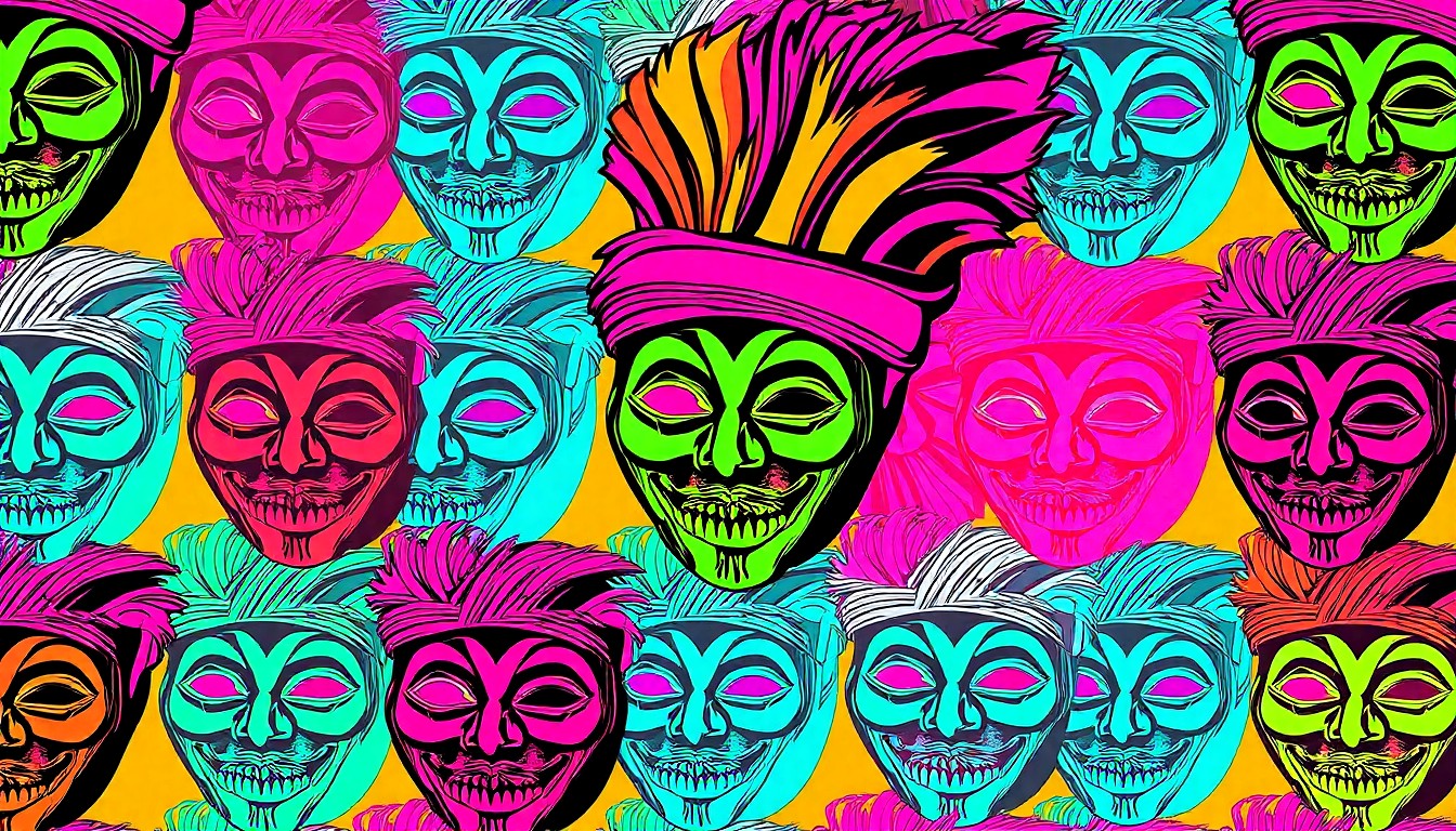 A bold, abstract silkscreen print featuring a repeating pattern of a vibrant Caribbean carnival mask in neon pink, yellow, and blue hues, capturing the energy and artistry of the annual festival.
