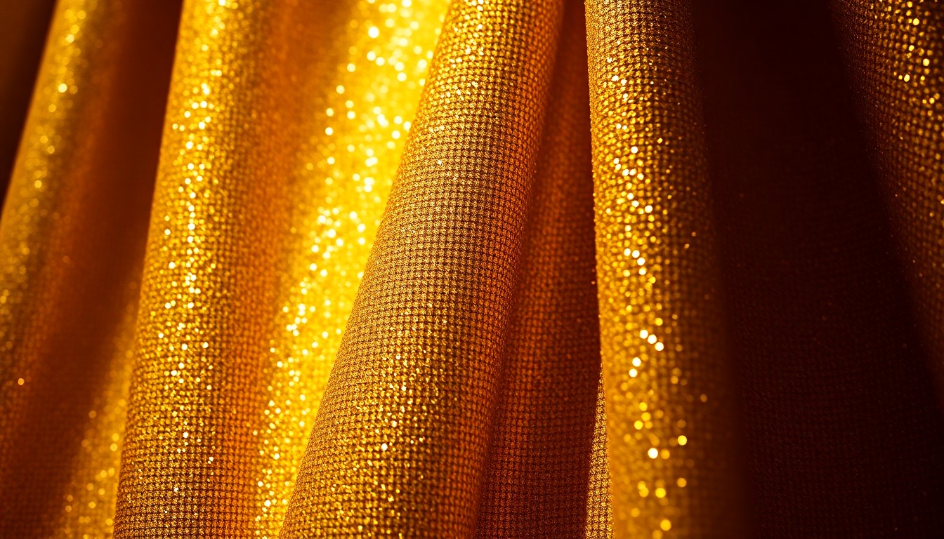 An abstract close-up photograph of a shimmering gold fabric texture, capturing the glamour and energy of a high-profile celebrity event.