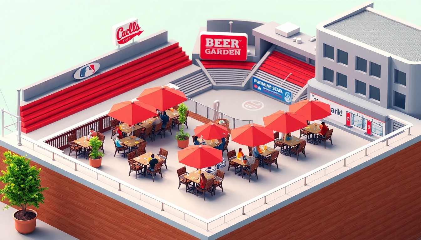 A stylized 3D illustration depicting a miniature beer garden with tables, umbrellas, and people enjoying drinks, set against the backdrop of a new baseball stadium, conveying the concept of a new community gathering space.