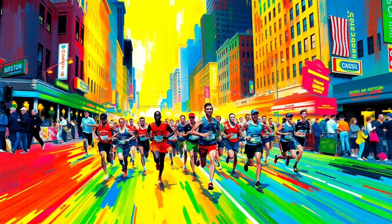 An abstract, expressionist painting in neon colors depicting the dynamic motion and energy of runners competing in the Boston Marathon, with faces and details dissolving into vibrant brushstrokes.