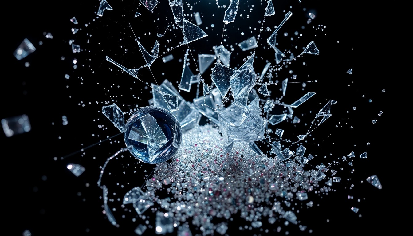 An abstract close-up photograph featuring shattered glass and glittering sequins in dramatic high-contrast studio lighting, conceptually representing the fragility and glamour of celebrity relationships.
