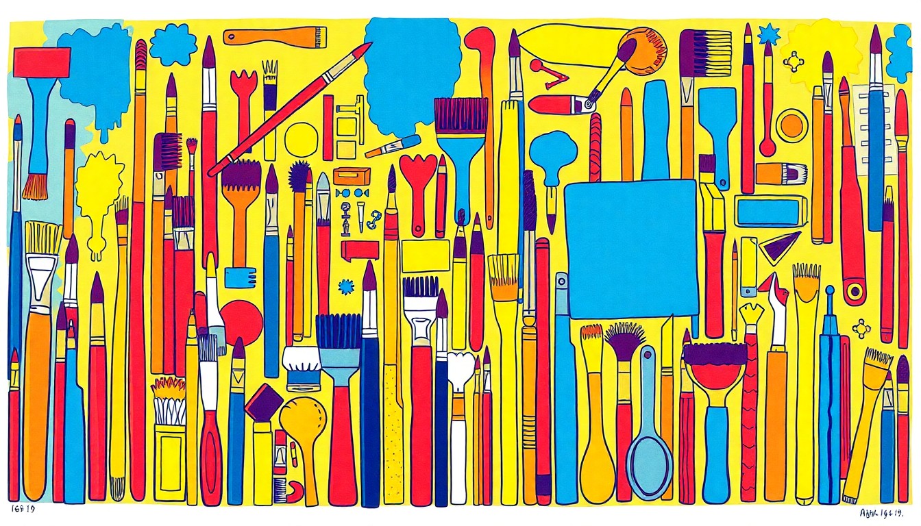A bold, colorful silkscreen print featuring repeated icons of paintbrushes, sketchpads, and other creative tools, representing the energy and diversity of the local arts community in Grand Junction, Colorado.