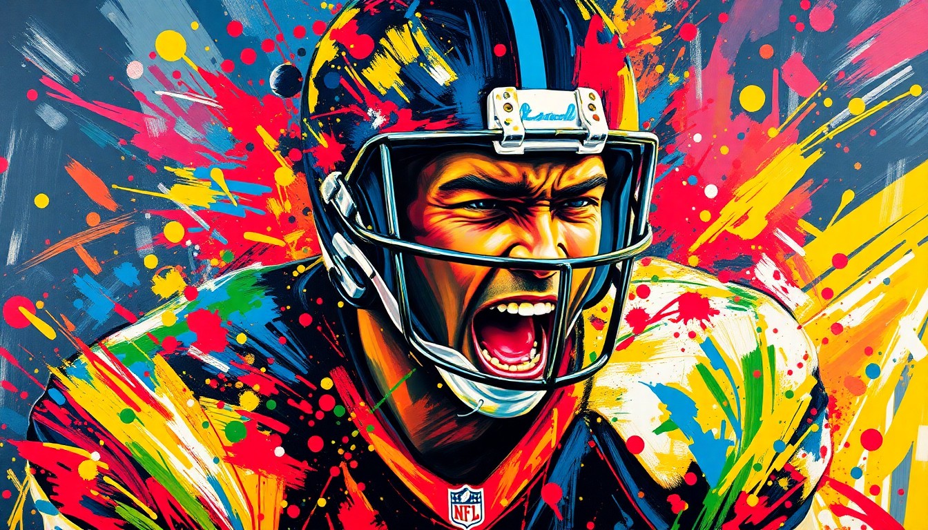 An abstract, expressionist painting in neon colors depicting the blurred, energetic figure of a football player holding a sign, representing the determination and risk-taking of an undrafted player seeking an NFL chance.
