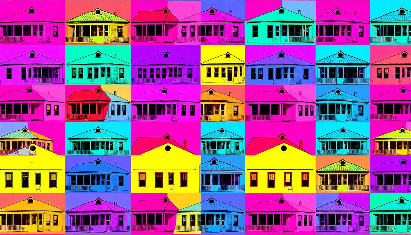 A brightly colored, high-contrast silkscreen print featuring an iconic Avoyelles Parish landmark or community symbol repeated in a tight grid pattern, conceptually representing the parish's rich 90-year history and enduring community spirit.