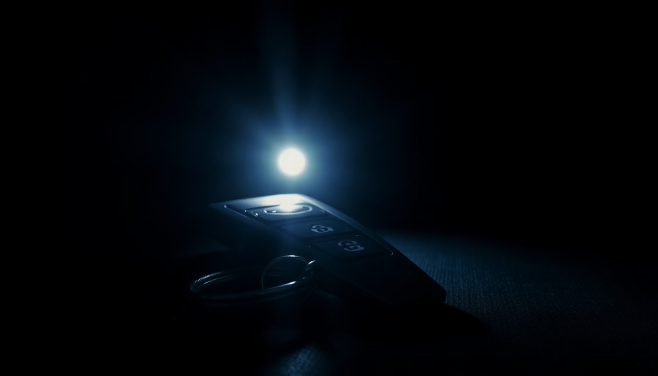 An extreme close-up photograph of a car key with a school keychain, lit by a harsh, direct camera flash against a pitch-black background, conceptually illustrating the serious legal issues facing a school principal.