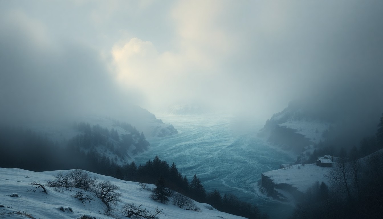 A sweeping, atmospheric landscape painting in muted tones of grey, blue, and white, depicting a raging river cutting through a snow-covered countryside, with the swollen waters dwarfing any visible structures or human presence, conveying the overwhelming power of the natural disaster.