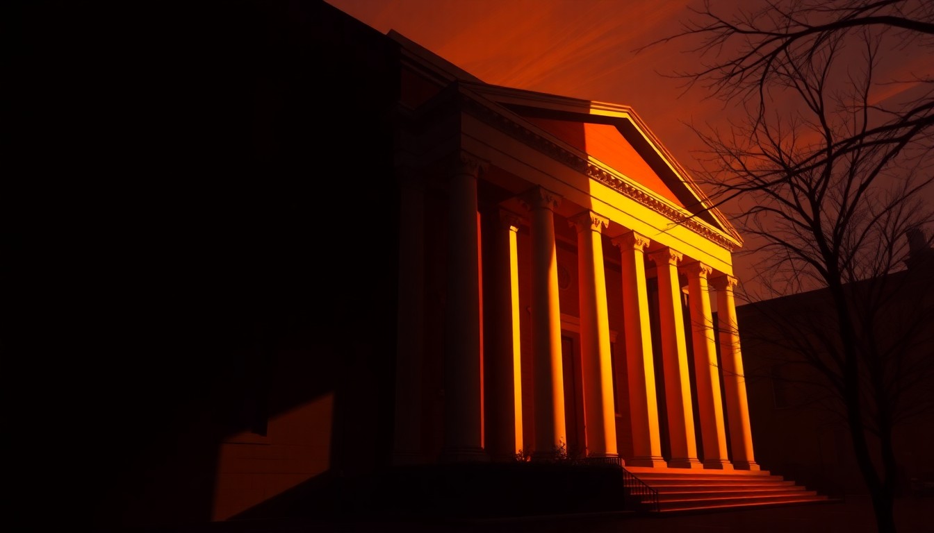 A serene, nostalgic painting of the iconic facade of Independence Hall in Philadelphia, with the building bathed in warm, golden light and deep shadows, capturing the timeless significance of this historic site.