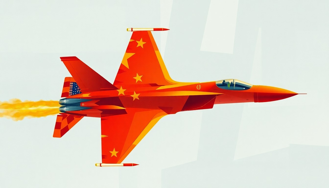A fractured, abstract painting of a Chinese fighter jet in mid-flight, its silhouette repeated and overlapping in waves of bright red, orange, and yellow colors, conveying a sense of escalating tensions and conflict.