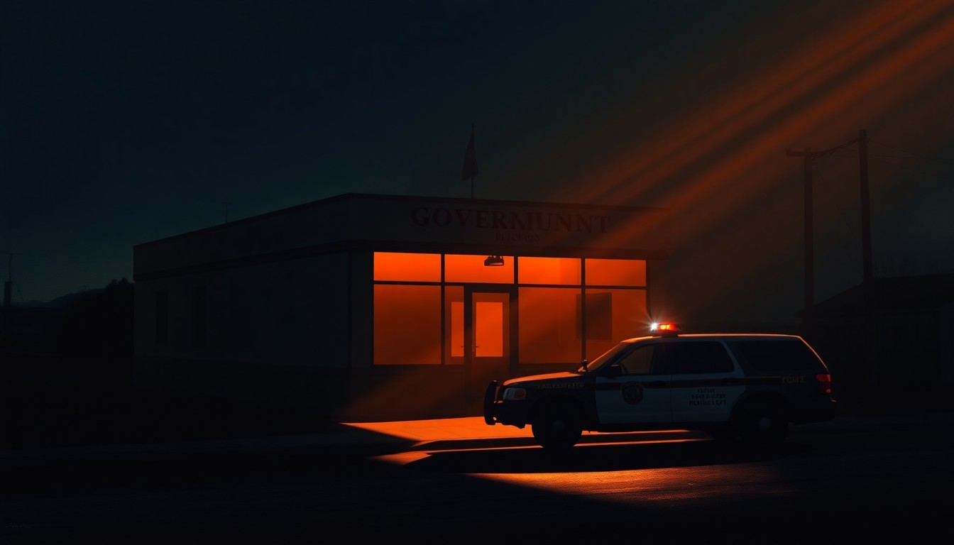 A dimly lit, cinematic painting of a government building or law enforcement vehicle in an urban setting, with warm sunlight casting long shadows across the scene, conveying a sense of tension and unease.