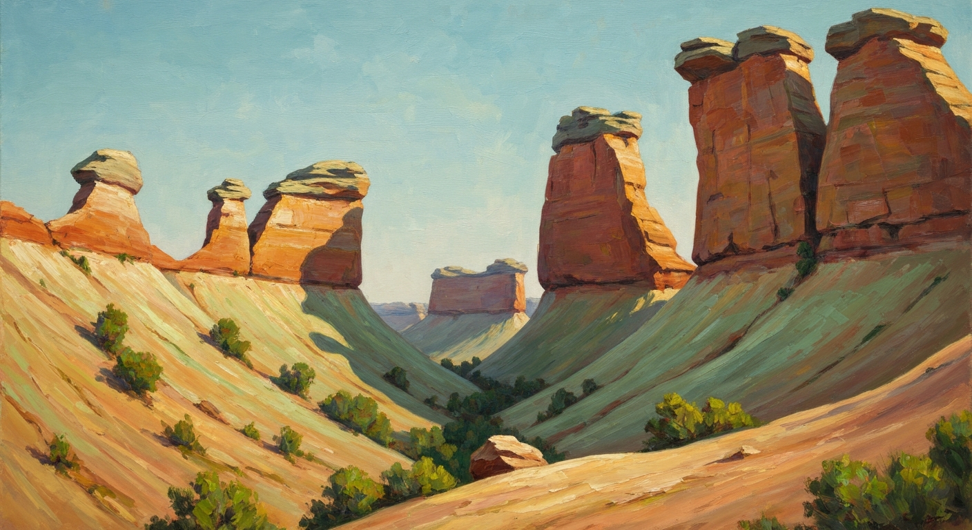 A textured oil painting depicting dramatic, sweeping sandstone formations in shades of ochre, sienna, and sage green, conceptually representing the natural beauty and geological history of the Garden of the Gods in southern Illinois.