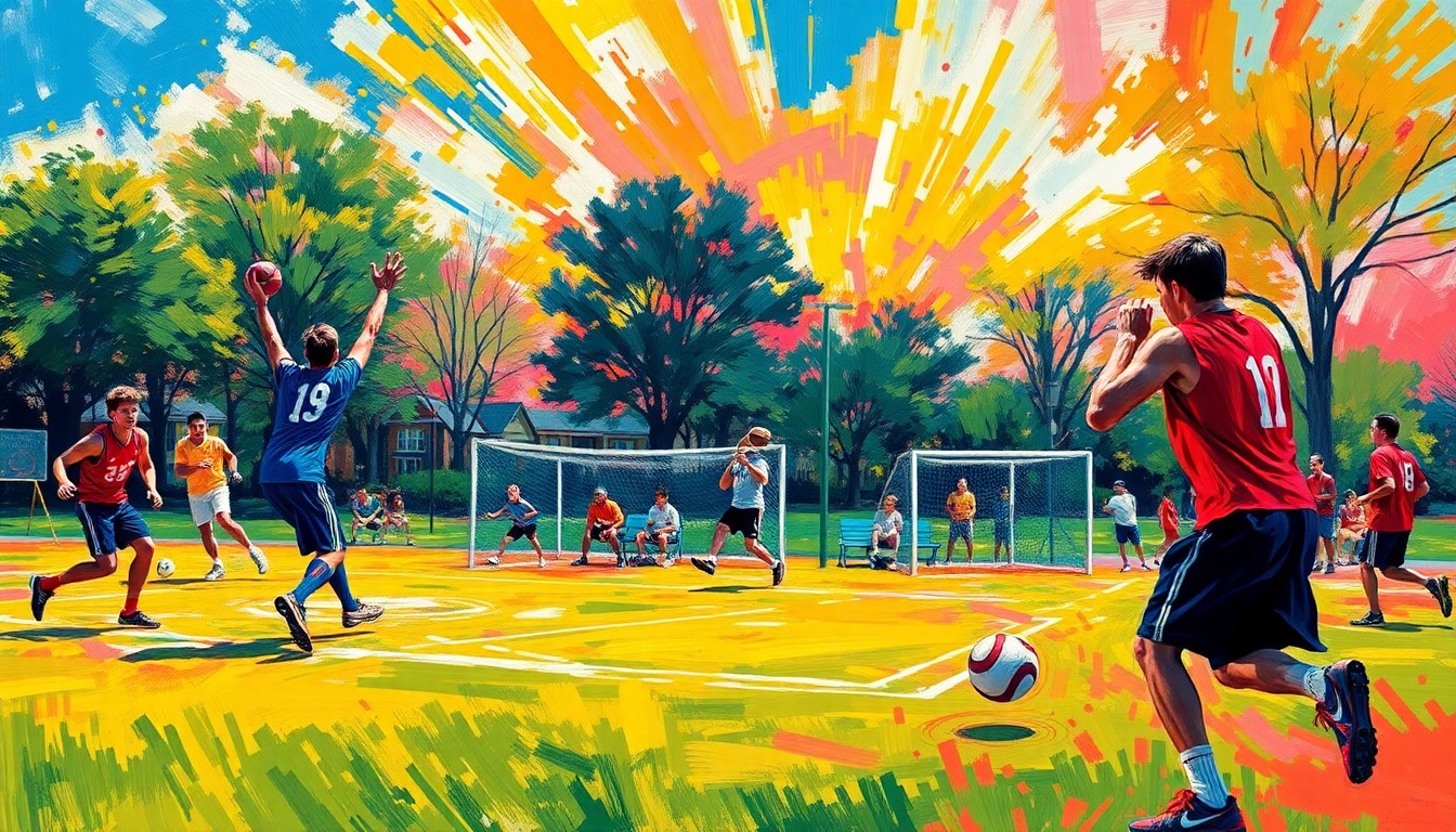 An abstract, energetic painting featuring bold brushstrokes and neon colors that convey the dynamic movement and spirit of various sports being played in a local park setting, capturing the vibrant community atmosphere of recreational activities in Whitefish Bay.