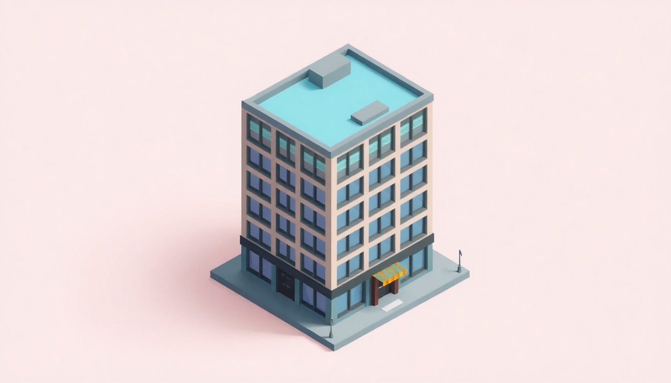 A clean, modern, isometric 3D digital illustration depicting a stylized office building with bold colors and smooth textures, representing the new headquarters of Milwaukee nonprofits in the Historic Third Ward.