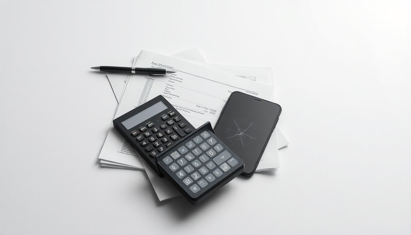 A high-end, photorealistic studio still-life photograph featuring a stack of financial documents, a broken calculator, and a cracked mobile phone screen, conceptually representing the corporate strategy and finance issues surrounding the Sanara MedTech investigation.