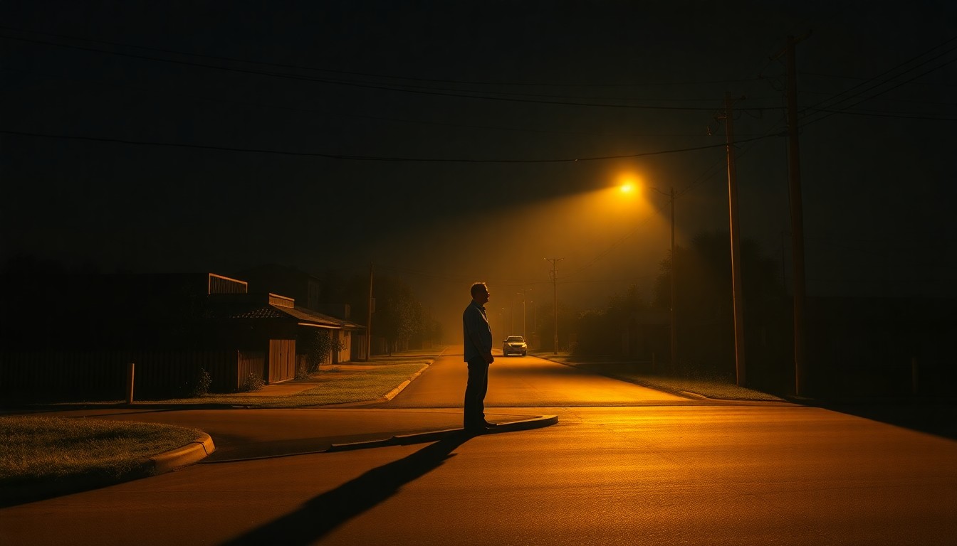 A solitary figure standing on a rural street corner, with warm sunlight and deep shadows creating a cinematic, nostalgic mood, conceptually representing a politician's outreach to a small-town community.