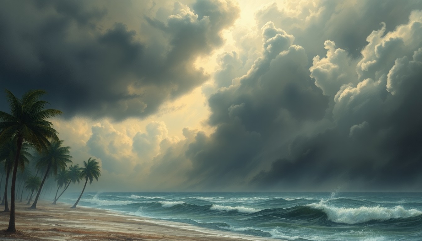 A dramatic, atmospheric landscape painting depicting the West Palm Beach coastline dwarfed by a turbulent, windswept sky filled with heavy clouds and dramatic lighting, conveying the overwhelming power of the natural environment.