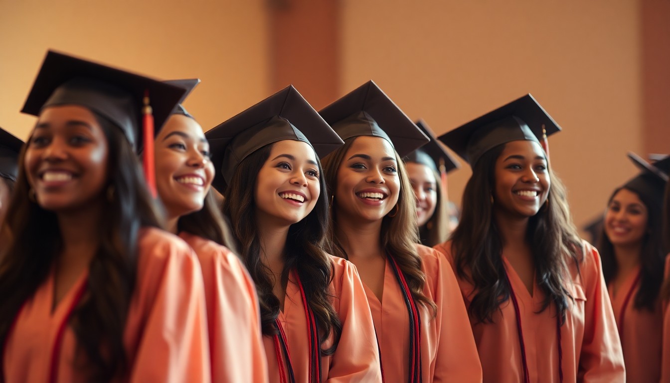 An abstract, impressionistic photograph in soft, warm tones depicting a group of young people in caps and gowns embracing and celebrating together, conveying the emotion and significance of this milestone for foster youth.