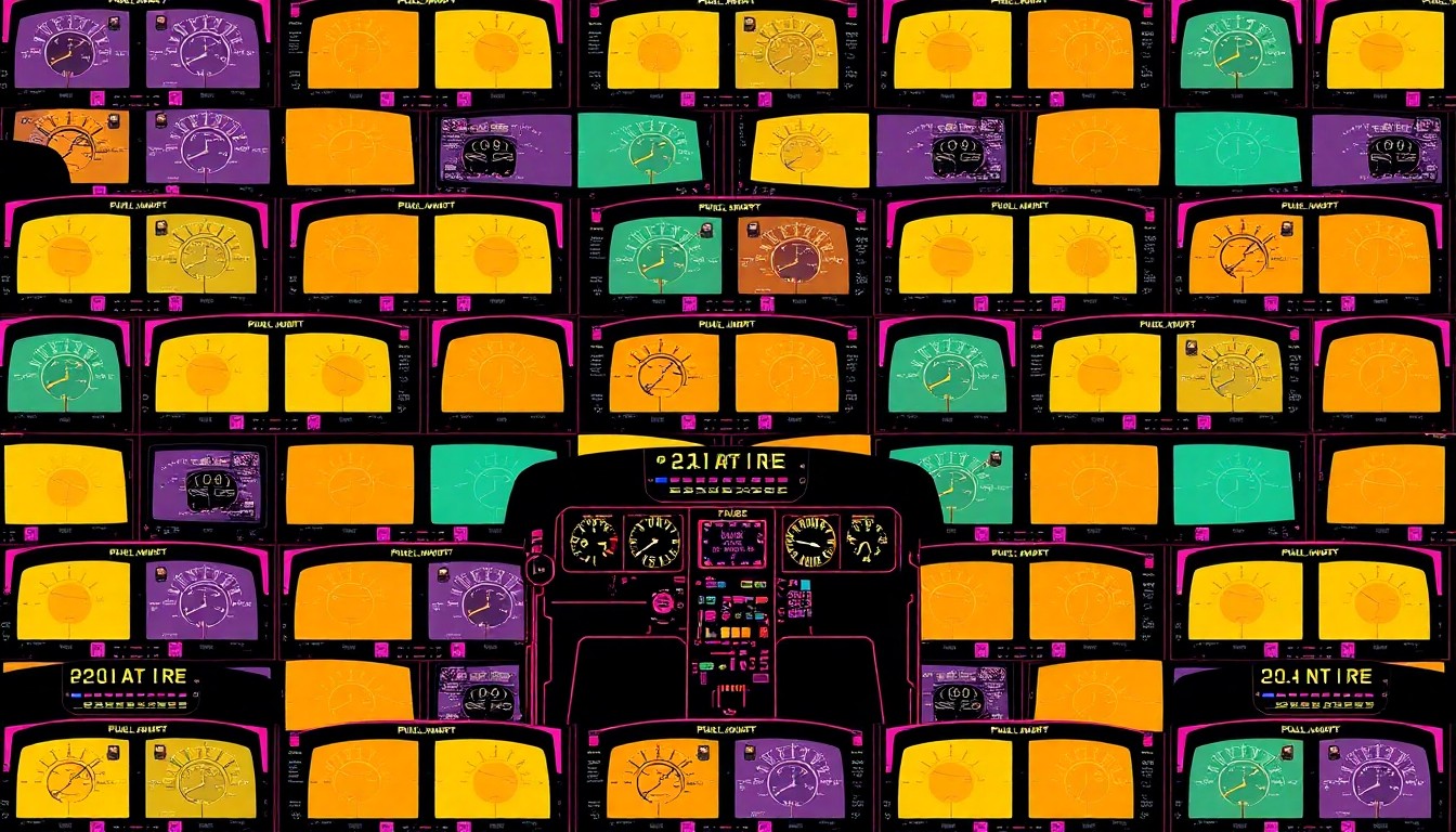 A highly stylized, abstract grid of colorful, silkscreen-like images depicting the control panel of a flight simulator, conveying the hands-on, technical nature of the school's aviation training program.