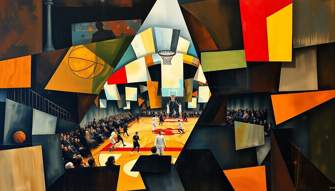 A cubist, geometric painting depicting the action of a basketball game, with sharp, overlapping shapes and planes representing the players, ball, and court. The image conveys the intensity and drama of the playoff-caliber matchup.