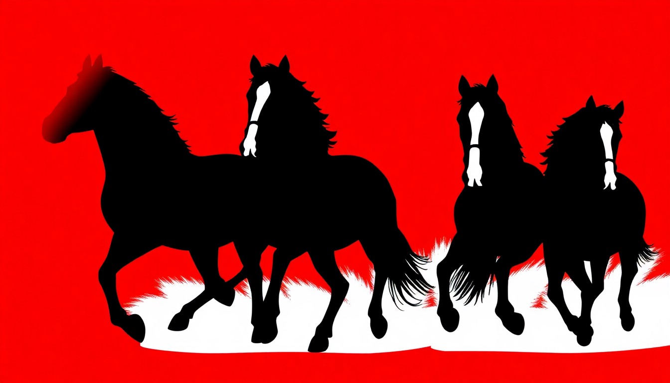 A bold, graphic illustration depicting the silhouettes of several Clydesdale horses in motion, set against a high-contrast background of deep red and bright white, conceptually representing the return of the famous Budweiser mascots to the city of El Paso.
