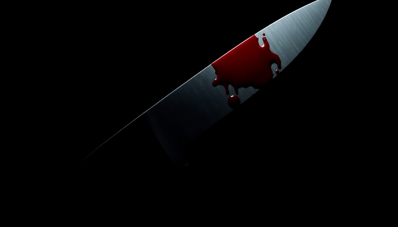 An extreme close-up of a single bloodstained knife blade, capturing the stark, gritty reality of a violent crime that occurred on a cruise ship in international waters.