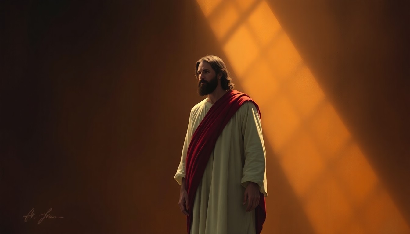 A cinematic painting in the style of Edward Hopper, showing a solitary figure in a white robe and red sash standing in a dimly lit, urban setting, bathed in warm, diagonal sunlight and deep shadows, conceptually representing the controversy surrounding the former president's use of AI-generated imagery.